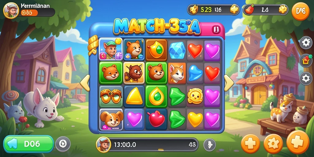 Tampilan gameplay D06 dengan kombinasi warna-warni dalam Match-3.
