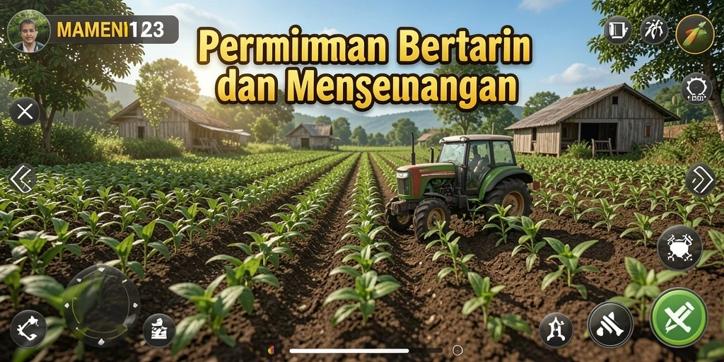 Screenshot gameplay MAMEN123 menampilkan aktivitas bertani yang seru.