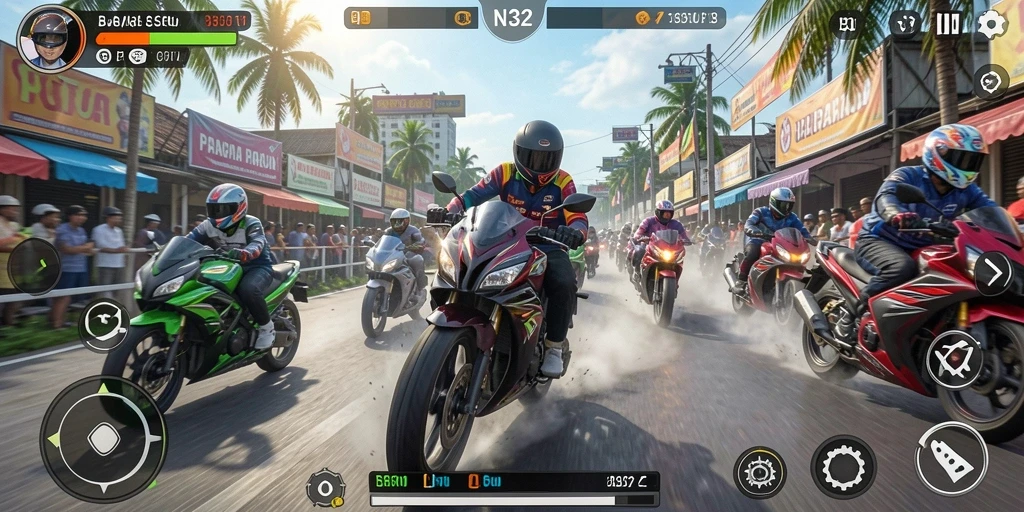 Screenshot gameplay N32 menampilkan aksi balapan motor yang mendebarkan.