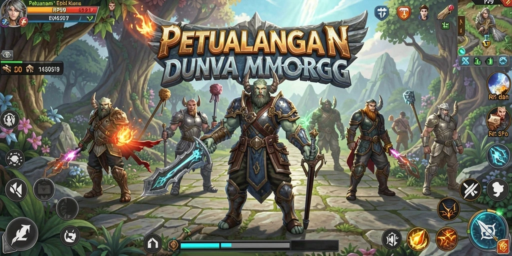 Screenshot utama RP99 menunjukkan aksi seru dan interaksi pemain dalam dunia MMORPG.
