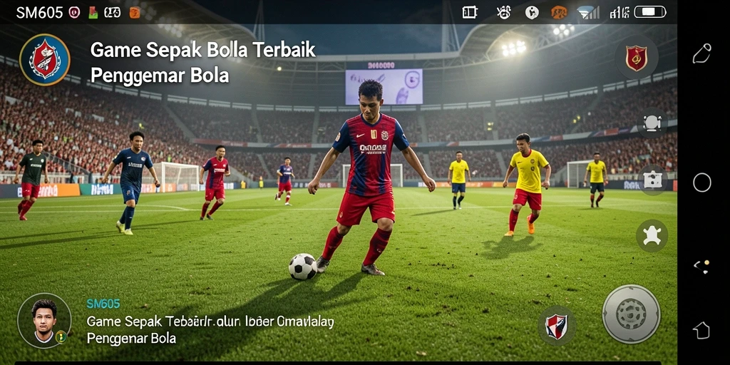Screenshot gameplay SM605 menampilkan pertandingan sepak bola yang intens dan mendebarkan.