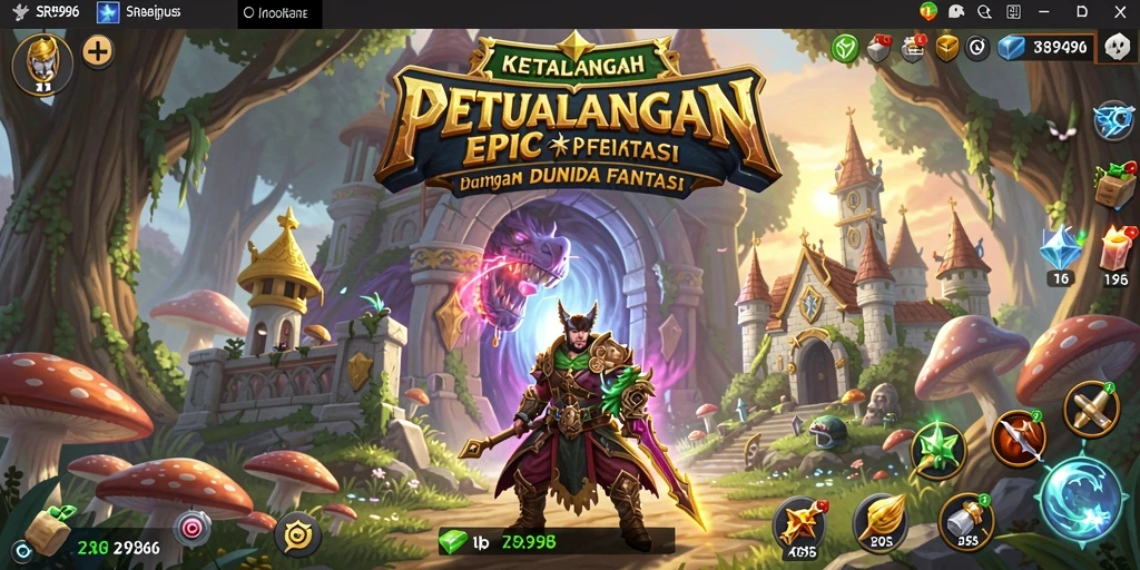 Screenshot gameplay SR996 yang memperlihatkan pertempuran epik di dunia fantasi.